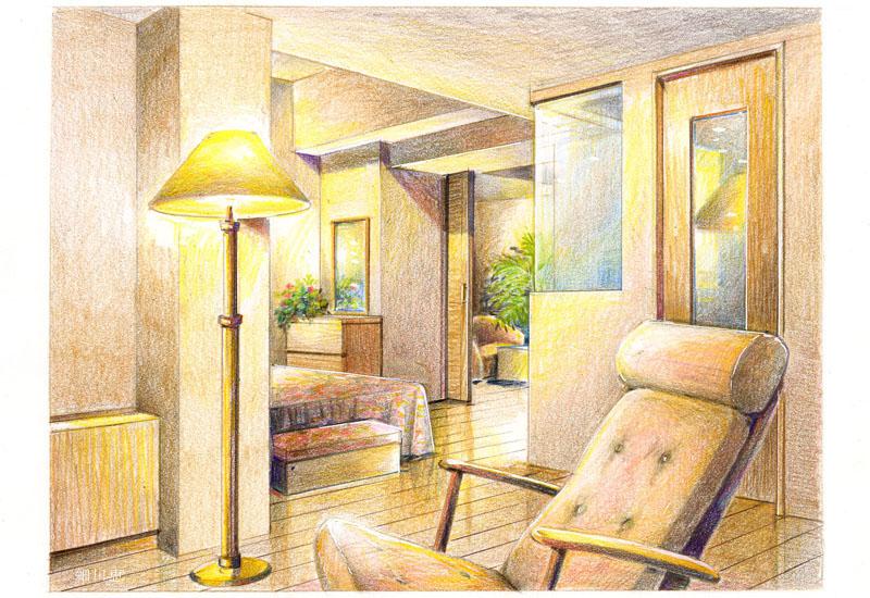 2017_0613_色鉛筆で描いたホテル客室の手書きパース
