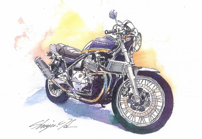 ペン画を水彩で着色したオートバイの水彩画 カワサキのバイクのイラスト