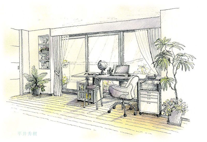 2017_0725_ニッチスペースの提案で描いた書斎の手描きパース